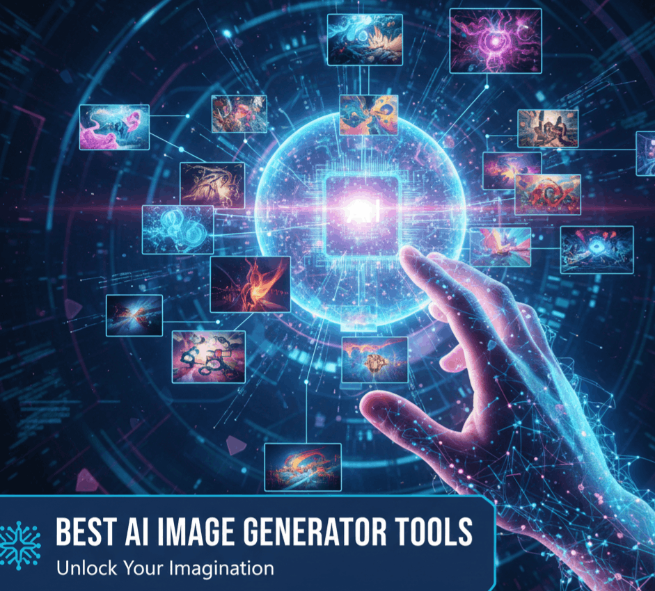 A glowing digital hand reaching toward a central AI processor surrounded by a floating gallery of surreal AI-generated images.