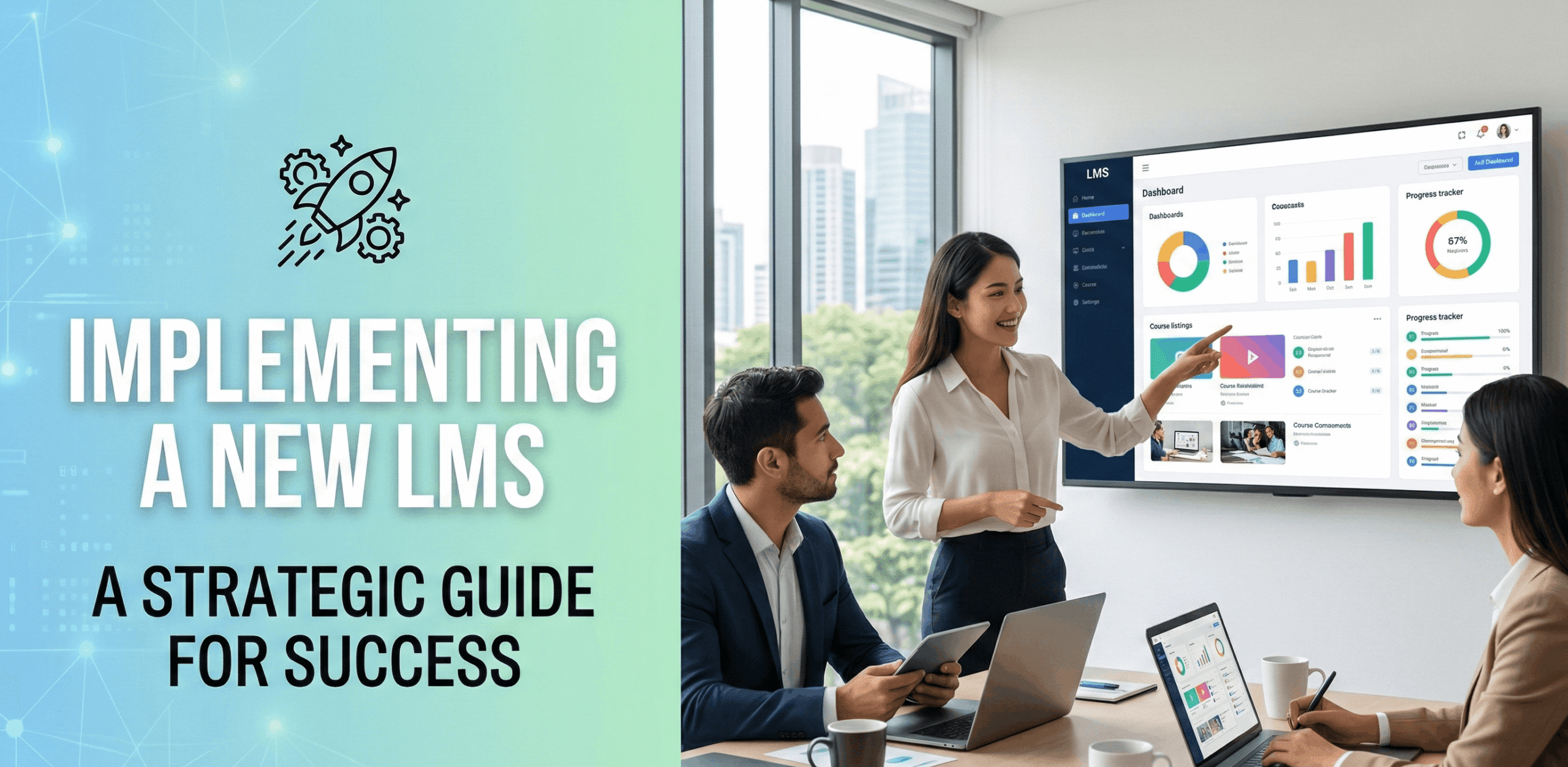 Team discussing a new LMS implementation strategy in a corporate meeting