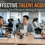 A diverse HR team interviewing a candidate in a modern office, representing cost-effective talent acquisition