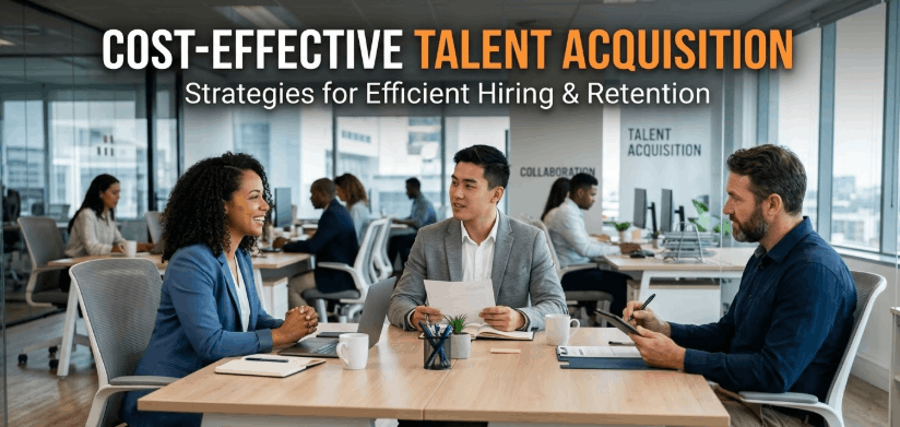 A diverse HR team interviewing a candidate in a modern office, representing cost-effective talent acquisition