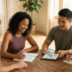 Diverse group planning a holistic wellness routine around a wooden table. Includes healthy food, yoga, and journaling for body and mind.