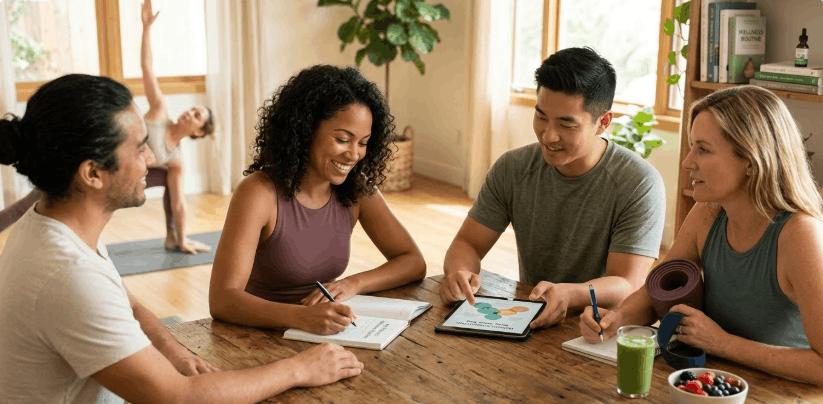 Diverse group planning a holistic wellness routine around a wooden table. Includes healthy food, yoga, and journaling for body and mind.