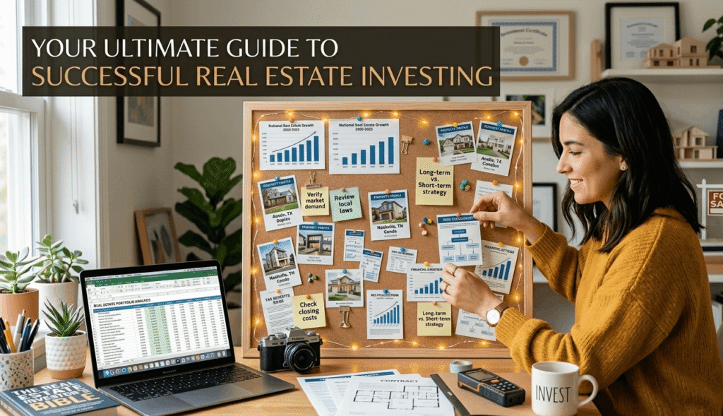 A woman planning a real estate investment strategy on a corkboard with house photos, market charts, and a laptop showing property data.