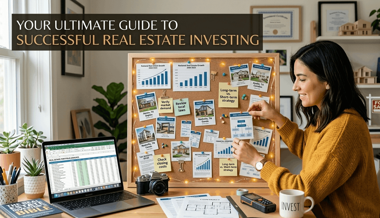 A woman planning a real estate investment strategy on a corkboard with house photos, market charts, and a laptop showing property data.