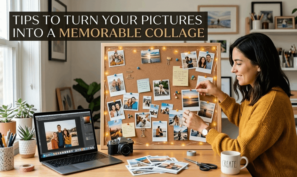 Woman creating a DIY photo collage on a corkboard with fairy lights, polaroid pictures, and a laptop showing photo editing software on a desk.
