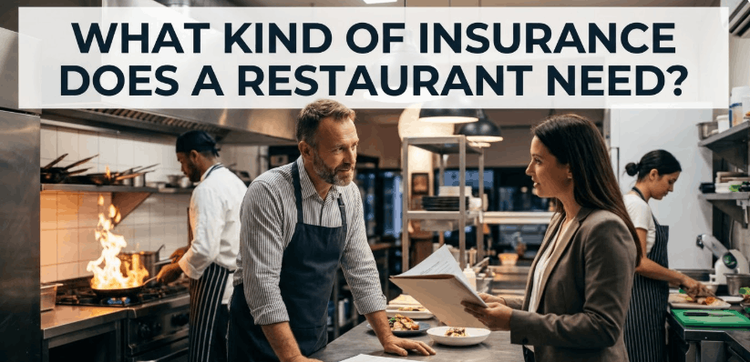 A restaurateur discusses policy options in a busy commercial kitchen; featured image for "What Kind of Insurance Does a Restaurant Need?" blog.