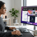 A female designer working in a modern studio. Her large screen displays "Best AI Websites for Designers," featuring Figma and Adobe tools.
