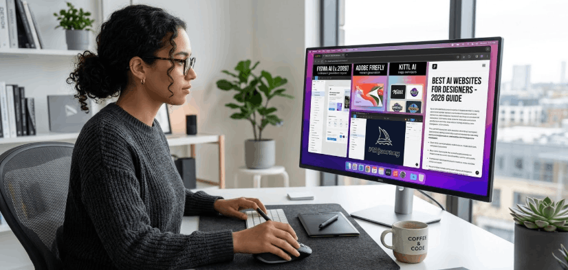 A female designer working in a modern studio. Her large screen displays "Best AI Websites for Designers," featuring Figma and Adobe tools.