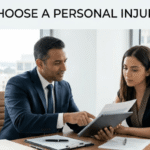 A personal injury lawyer and client consult in a bright office, reviewing case documents on a tablet and a table.