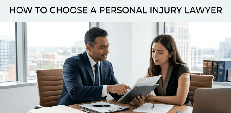 A personal injury lawyer and client consult in a bright office, reviewing case documents on a tablet and a table.