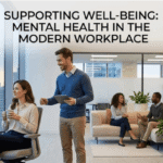 A modern office setting where employees look out a window and collaborate, featuring the text "SUPPORTING WELL-BEING: MENTAL HEALTH IN THE MODERN WORKPLACE."