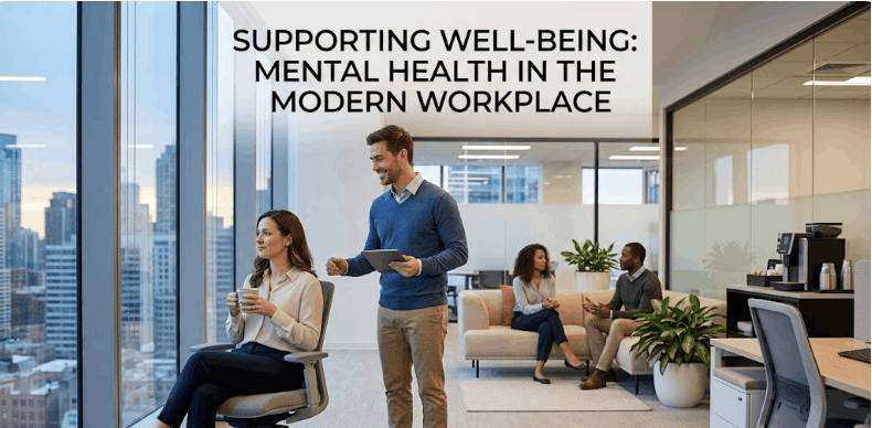 A modern office setting where employees look out a window and collaborate, featuring the text "SUPPORTING WELL-BEING: MENTAL HEALTH IN THE MODERN WORKPLACE."