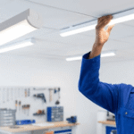 A diverse technician carefully mounts a slim LED batten light fixture onto a ceiling grid in a modern workshop.