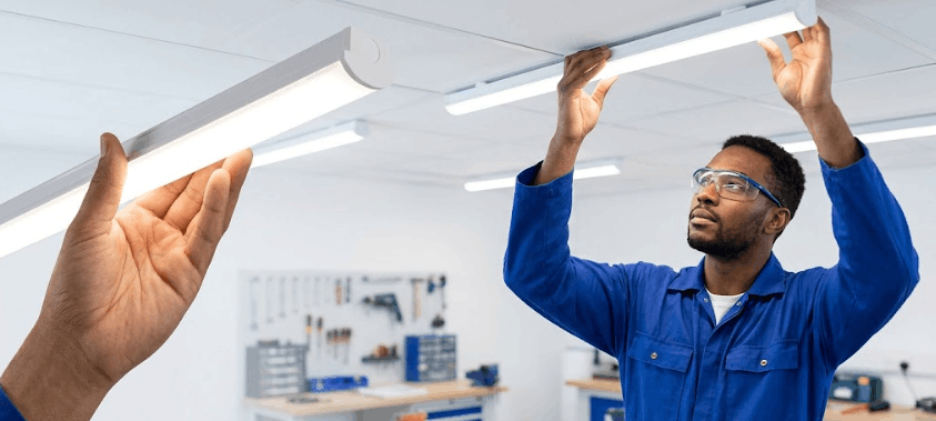 A diverse technician carefully mounts a slim LED batten light fixture onto a ceiling grid in a modern workshop.