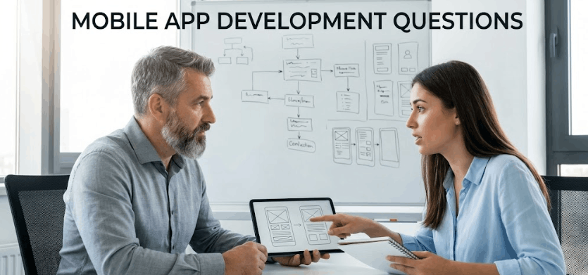 An expert developer holds a tablet displaying wireframes while an entrepreneur asks active mobile app questions.