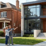 A newly built modern house standing next to a well-maintained, classic, red-brick older home on a suburban street.