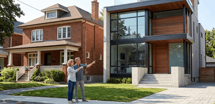 A newly built modern house standing next to a well-maintained, classic, red-brick older home on a suburban street.