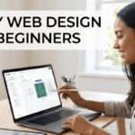 A diverse woman smiles as she works on a simplified Shopify custom web design on her laptop.