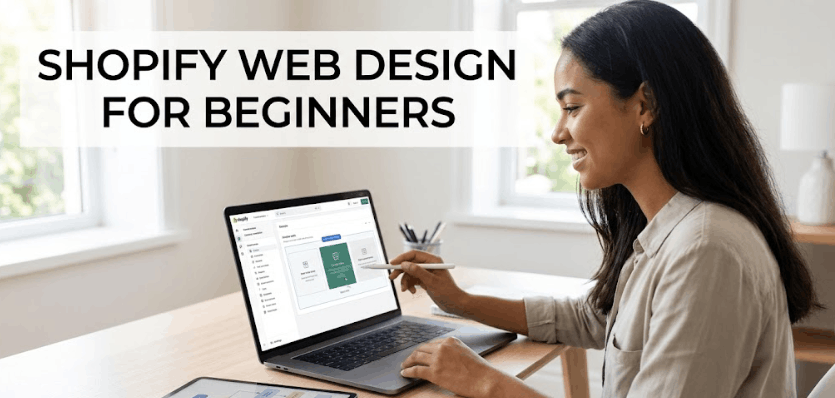 A diverse woman smiles as she works on a simplified Shopify custom web design on her laptop.