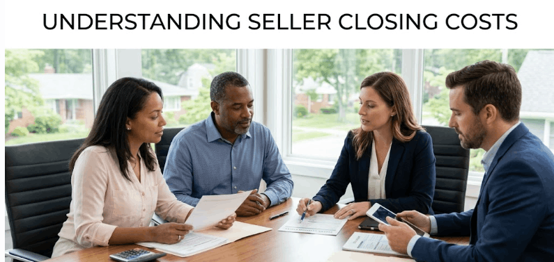 Diverse home sellers reviewing documents at a table with a real estate agent and a male advisor, understanding costs.