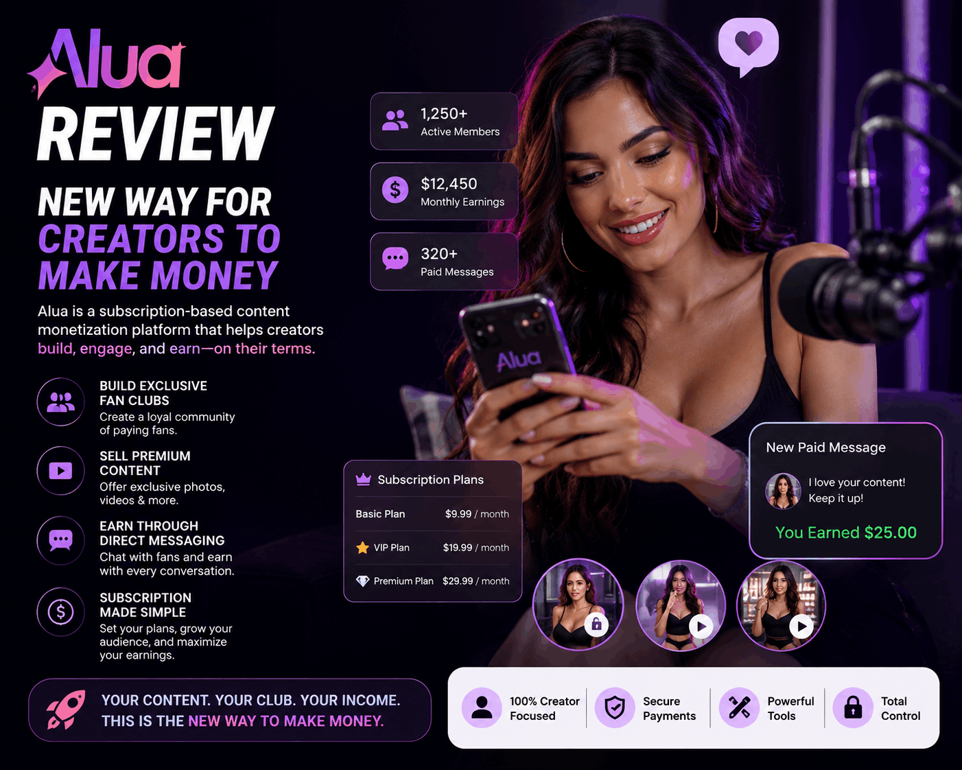 Digital illustration of a female content creator using the Alua platform to monetize content through subscriptions, premium fan clubs, paid messages, and exclusive creator tools, showcasing online income opportunities for creators.