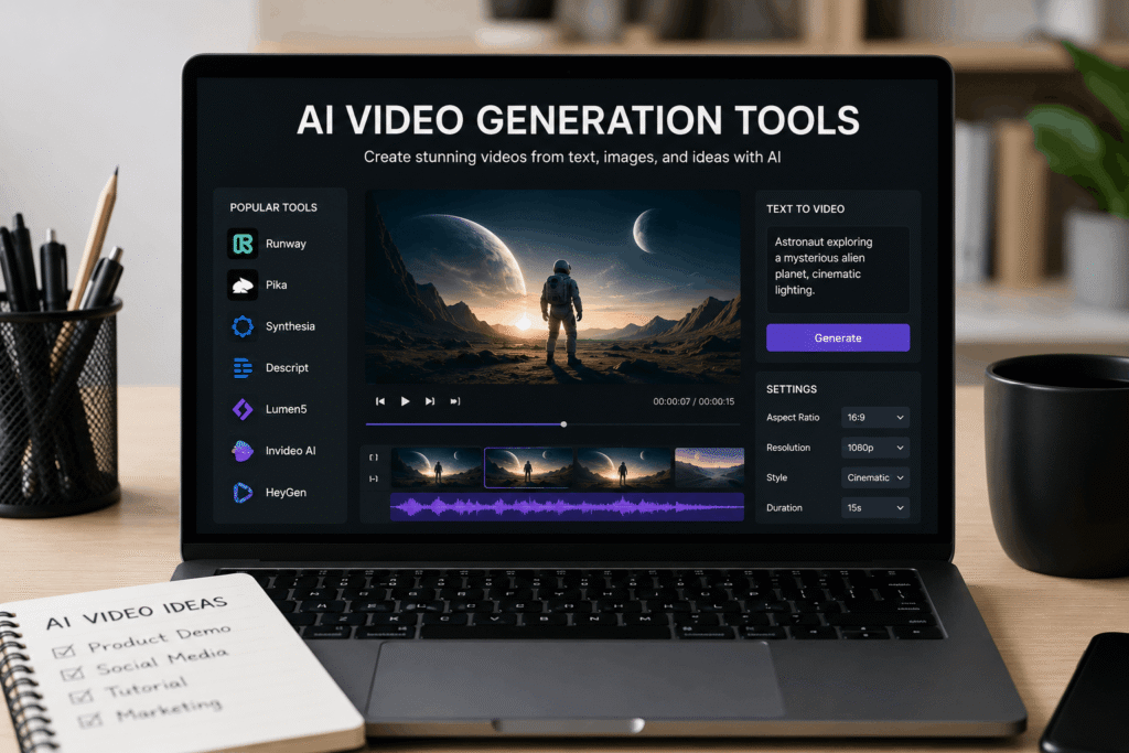 Realistic workspace featuring a laptop displaying an AI video generation dashboard with video editing controls, text-to-video capabilities, creative tools, and cinematic content generation options for creators and marketers.