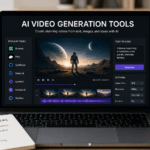 Realistic workspace featuring a laptop displaying an AI video generation dashboard with video editing controls, text-to-video capabilities, creative tools, and cinematic content generation options for creators and marketers.