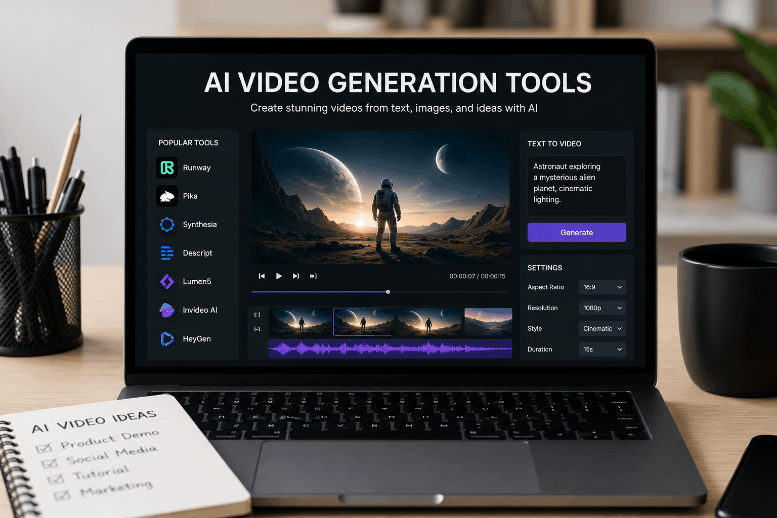 Realistic workspace featuring a laptop displaying an AI video generation dashboard with video editing controls, text-to-video capabilities, creative tools, and cinematic content generation options for creators and marketers.